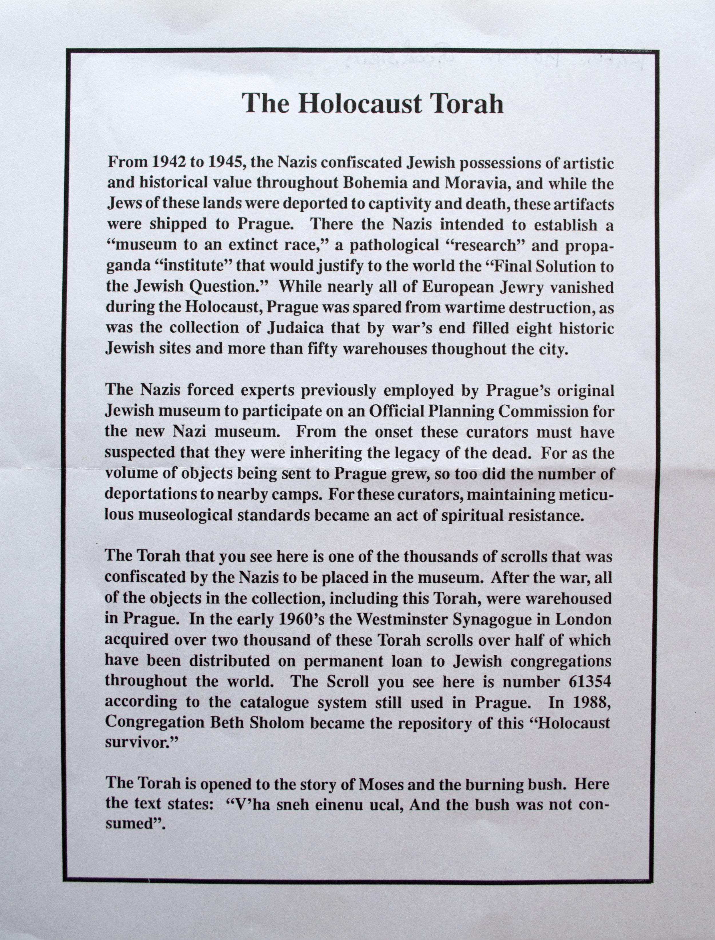 Beth Shalom hand-out describing the Holocaust Torah in their collection. 