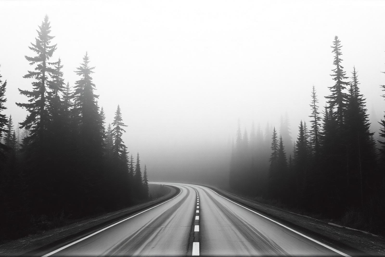 Empty Alaskan road in fog